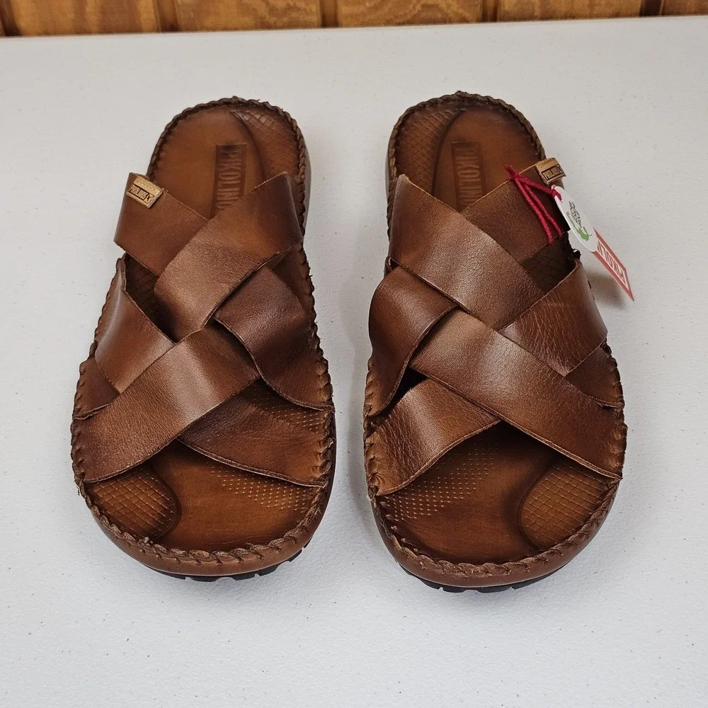 Pikolinos Tarifa Slide Sandals Men Sz 46 / 12 Brown Leather Slip On Open Toe NEW